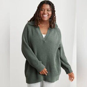 Aerie Sugar Rush Chenille Green Oversized Sweater V-neck Women's XS